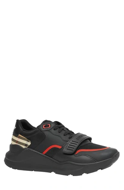 Burberry Ramsey Checked-heel Low-top Leather Trainers In Black