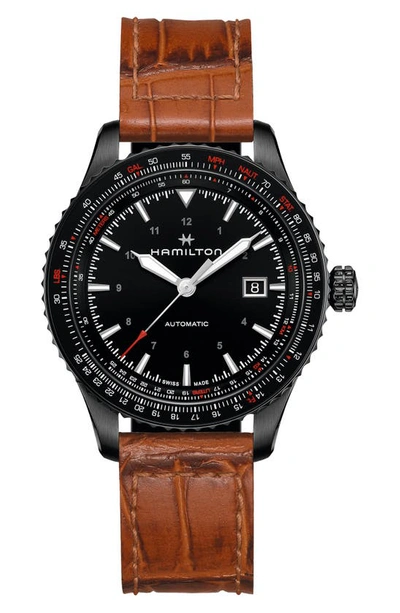 Hamilton Men's Swiss Automatic Khaki Aviation Converter Brown Leather Strap Watch 42mm In Black