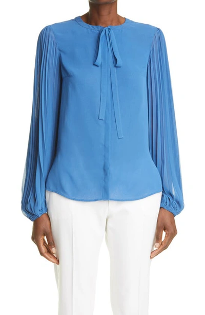 Akris Punto Pleated-sleeve Neck-bow Blouse In Blue