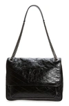 Saint Laurent Niki Large Flap Ysl Shoulder Bag In Crinkled Leather In Nero