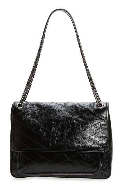 Saint Laurent Niki Large Flap Ysl Shoulder Bag In Crinkled Leather In Black