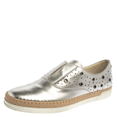 Pre-owned Tod's Metallic Silver Leather Francesina Espadrille Slip On Sneakers Size 39