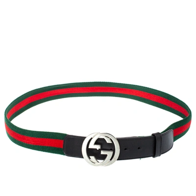 Pre-owned Gucci Green/red Web Canvas And Leather Interlocking Gg Buckle Belt 105 Cm