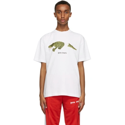 Palm Angels Jersey T-shirt With Crocodile Print In White