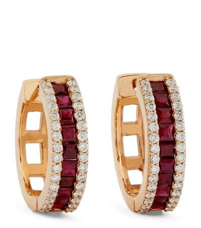 Bee Goddess Rose Gold, Diamond And Ruby Mondrian Hoop Earrings