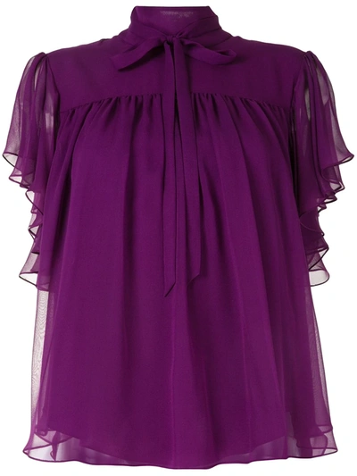 Adam Lippes Silk Chiffon Flounce Sleeve Top In Purple