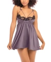 Oh La La Cheri Women's Satin And Lace Empire Waist Baby Doll With Satin G-string And Decorative Spaghetti Strap Det In Shark, Black