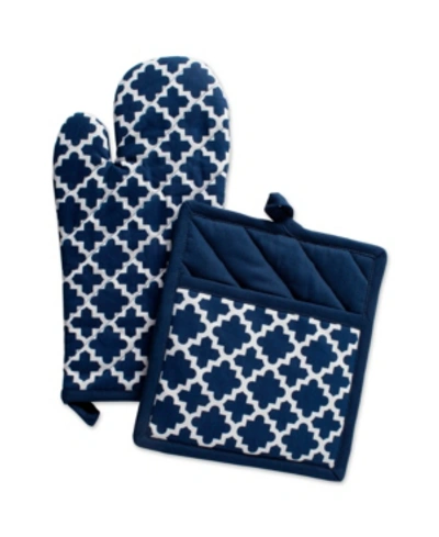 Design Imports Lattice Oven Mitt Potholder Set In Navy