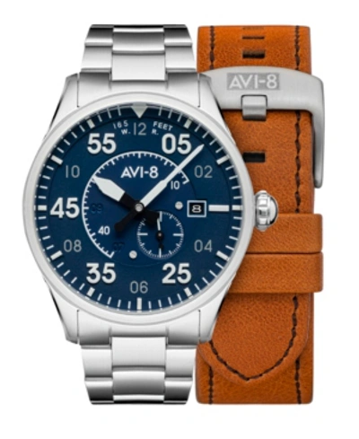 Avi-8 Men's Spitfire Silver-tone Solid Stainless Steel Bracelet And Brown Genuine Leather Strap Watch, 42m