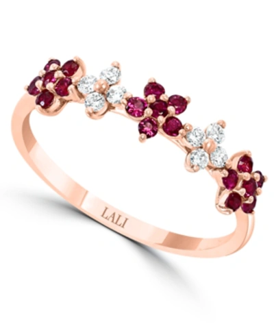 Macy's Ruby (3/8 Ct. T.w.) & Diamond (1/6 Ct. T.w.) Flower Band In 14k Rose Gold