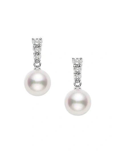 Mikimoto Women's Morning Dew 8mm White Cultured Akoya Pearl, Diamond & 18k White Gold Drop Earrings In Gold Tone,white