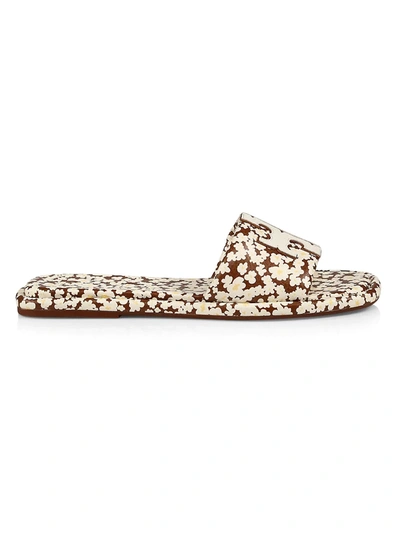 Tory Burch Double-t Floral Padded Leather Slides In Reveriedi