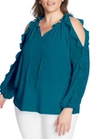 1.state 1. State Ruffle Cold-shoulder Georgette Top In Verdi Emerald