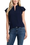 Cece Pintuck Ruffle Short Sleeve Blouse In Navy