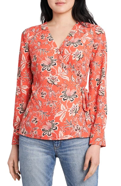 Vince Camuto Vince Camtuo Antique Floral Side Tie Long Sleeve Blouse In Coral Blaze