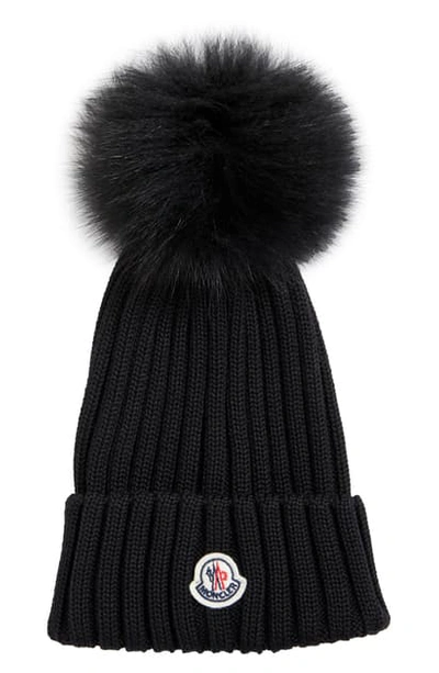 Moncler Rib Wool Hat With Genuine Fox Fur Pom In Navy