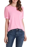 Cece Puff Sleeve Mixed Media Top In Pink Begonia