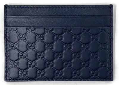 Pre-owned Gucci Card Case Microssima (5 Card Slot) Navy Blue