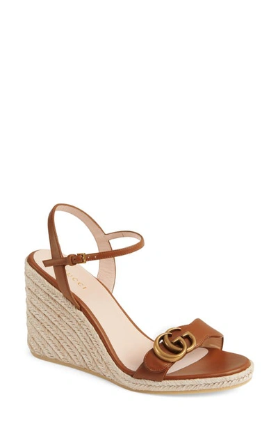 Gucci Double G Leather Wedge Espadrille Sandals In Brown
