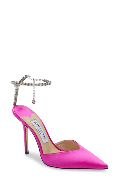 Jimmy Choo Saeda Crystal Ankle Strap Pointed Toe Pump In Fuchsia