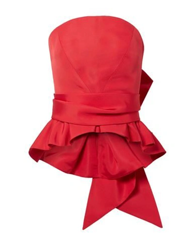Brandon Maxwell Strapless Bow-embellished Silk-faille Peplum Top In Red