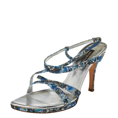 Pre-owned Sergio Rossi Blue Glittered Fabric Strappy Sandals Size 40