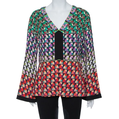 Pre-owned Etro Multicolor Knit Abstract Print Embellished Plunge Neck Detail Top L