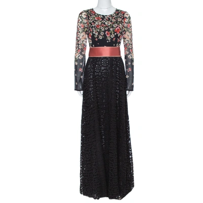 Pre-owned Dolce & Gabbana Black Floral Printed Chiffon & Lace Trim Maxi Dress M
