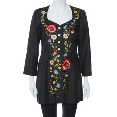 Pre-owned Kenzo Vintage Black Floral Embroidered Linen Button Front Jacket M