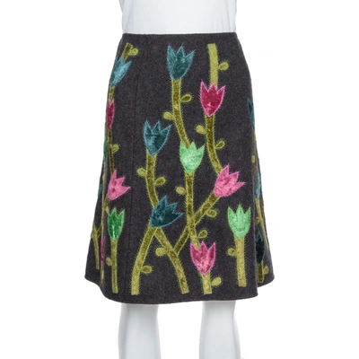 Pre-owned Emporio Armani Grey Wool Floral Appliqued A-line Skirt M