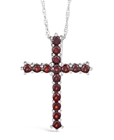Macy's Gemstone Cross Pendant Necklace In Sterling Silver In Garnet