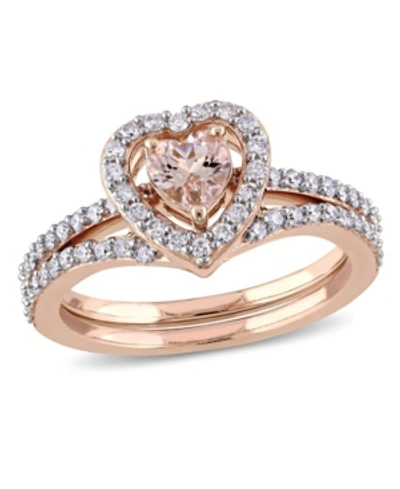 Macy's Morganite And Diamond Heart Halo Interlocking Bridal Ring Set In Pink