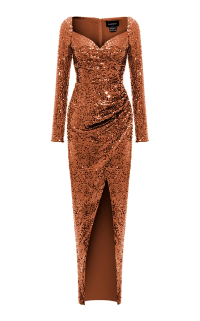 Rasario Draped Sequined Maxi Dress In Brown