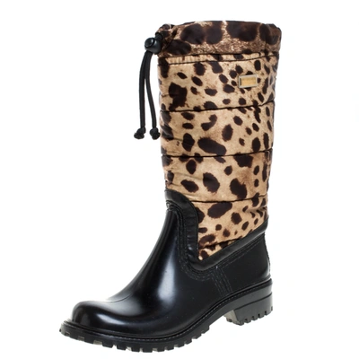 Pre-owned Dolce & Gabbana Black/brown Leopard Print Nylon And Leather Drawstring Mid Length Rain Boots Size 36