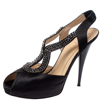 Pre-owned Fendi Black Satin Crystal Embellished Slingback Platform Sandals Size 39