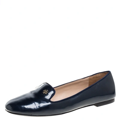 Pre-owned Tory Burch Navy Blue Patent Leather Samantha Smoking Slippers Size 38