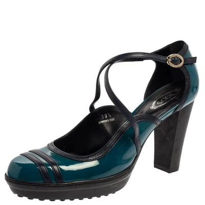 Pre-owned Tod's Blue Patent Leather Ankle Strap Platform Pumps Size 39.5