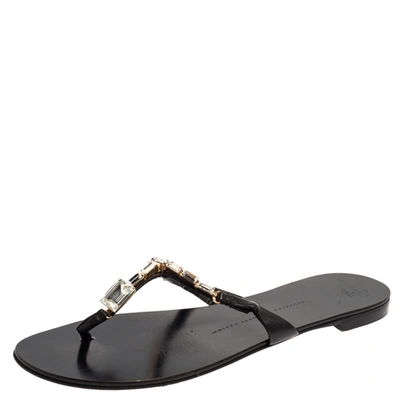 Pre-owned Giuseppe Zanotti Black Leather Jewel Embellished Thong Flat Sandals Size 38