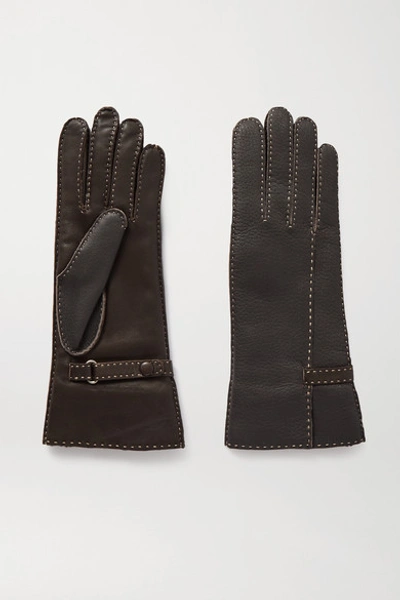 Agnelle Sharil Topstitched Leather Gloves In Brown