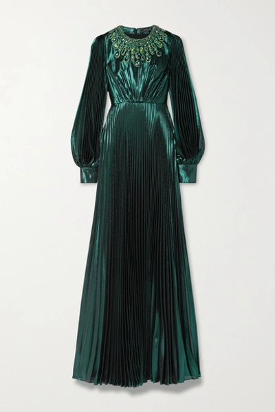 Andrew Gn Crystal-embellished Pleated Silk-blend Lamé Gown In Dark Green