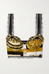 VERSACE LACE-TRIMMED PRINTED SILK-TWILL BUSTIER TOP
