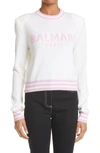 Balmain Intarsia Logo Wool & Cashmere Blend Crop Sweater In Blanc/ Rose