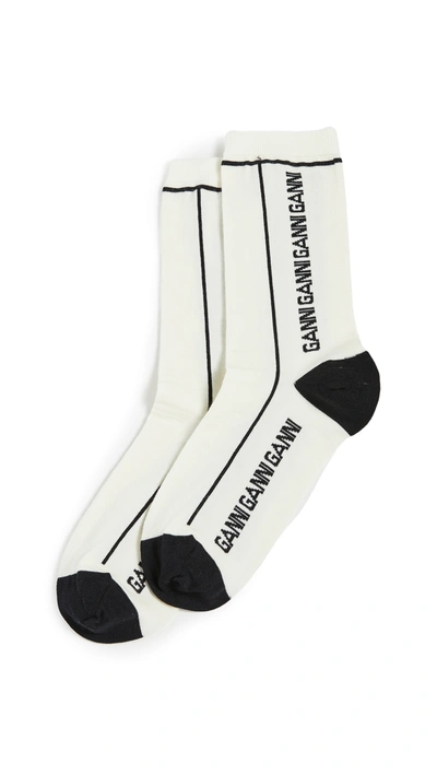 Ganni Logo Merino Wool Blend Crew Socks In White