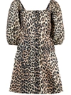 GANNI LEOPARD-PRINT PUFF-SLEEVE FLARED DRESS