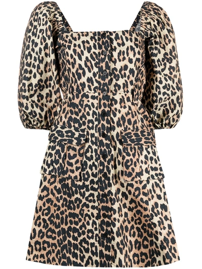Ganni Balloon Sleeve Flared Dress In Animalier In Neutrals