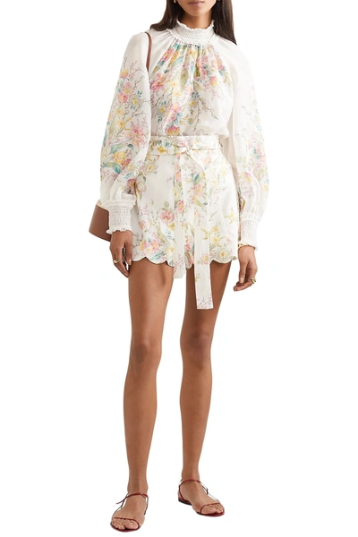 Zimmermann Zinnia Shirred Floral-print Ramie-voile Blouse In White