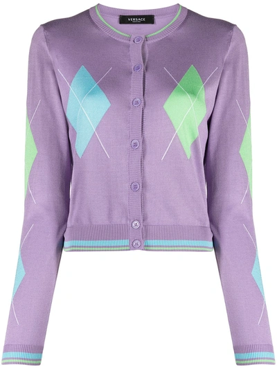 Versace Argyle Cropped Silk Cardigan Jumper In Jacarnda