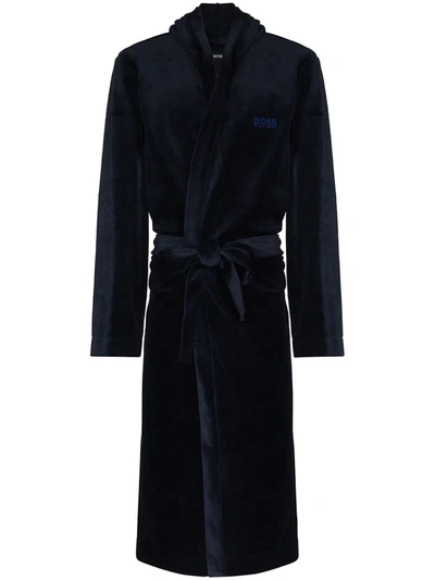 Hugo Boss Velour Hooded Dressing Gown In Blue