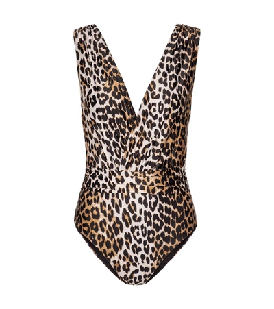 Ganni Black & Brown Recycled One-piece Swimsuit In Leopard