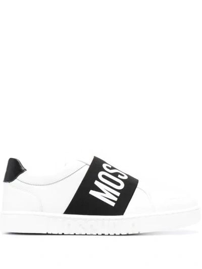 Moschino Logo-strap Leather Sneakers In White,black